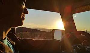 Driving straight into the setting sun