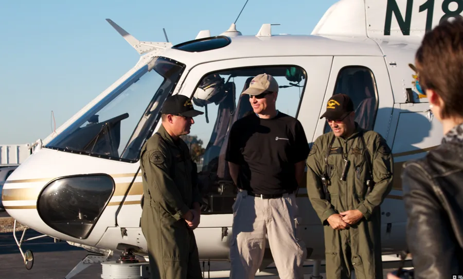 News crew and helicopter on an interview shoot