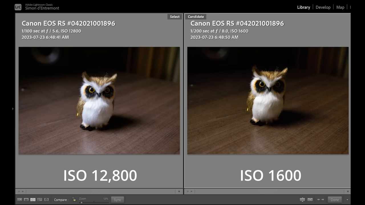 Side-by-side noise comparison is visible.