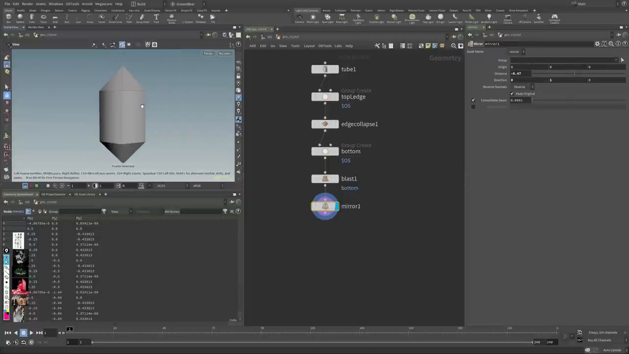 Crystal model in Houdini viewport.