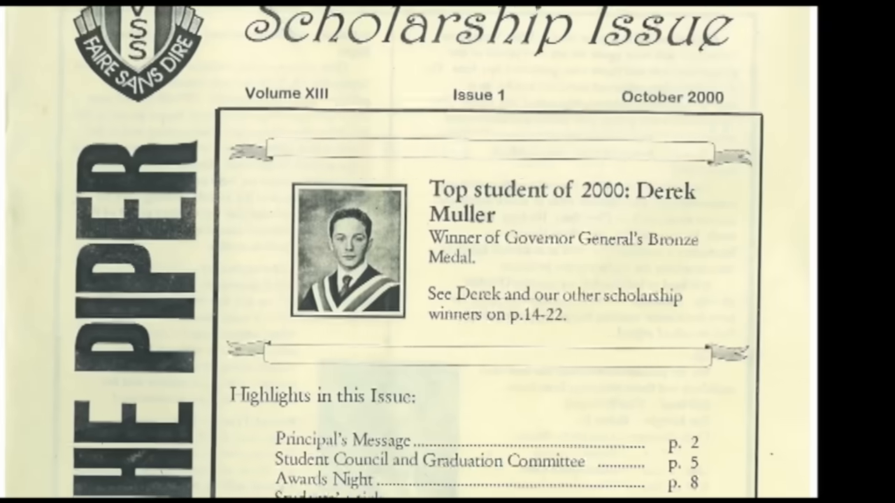 Newsletter lists Derek Muller as top student.