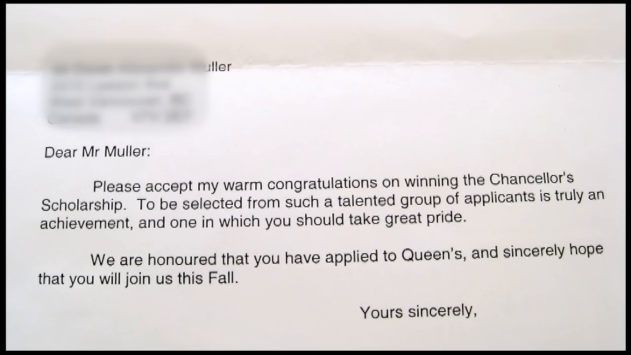 Letter congratulates on scholarship win