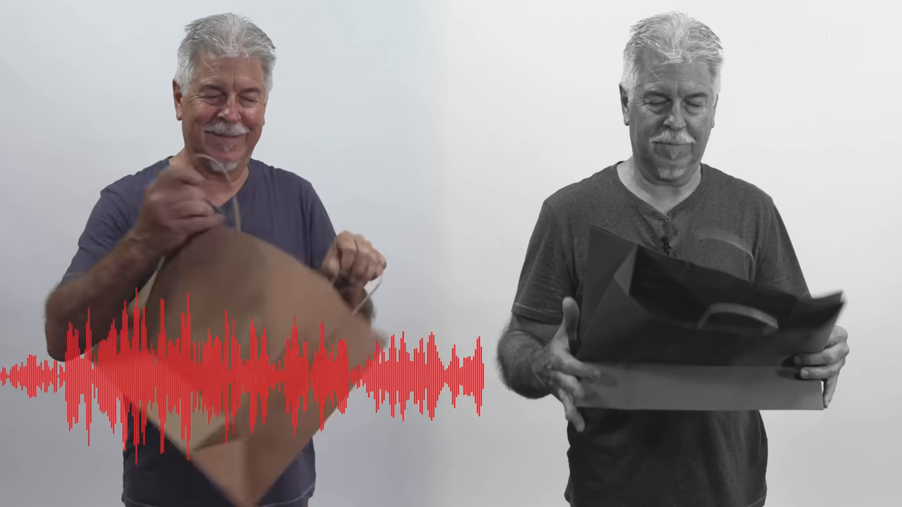 Split screen, audio waveform.