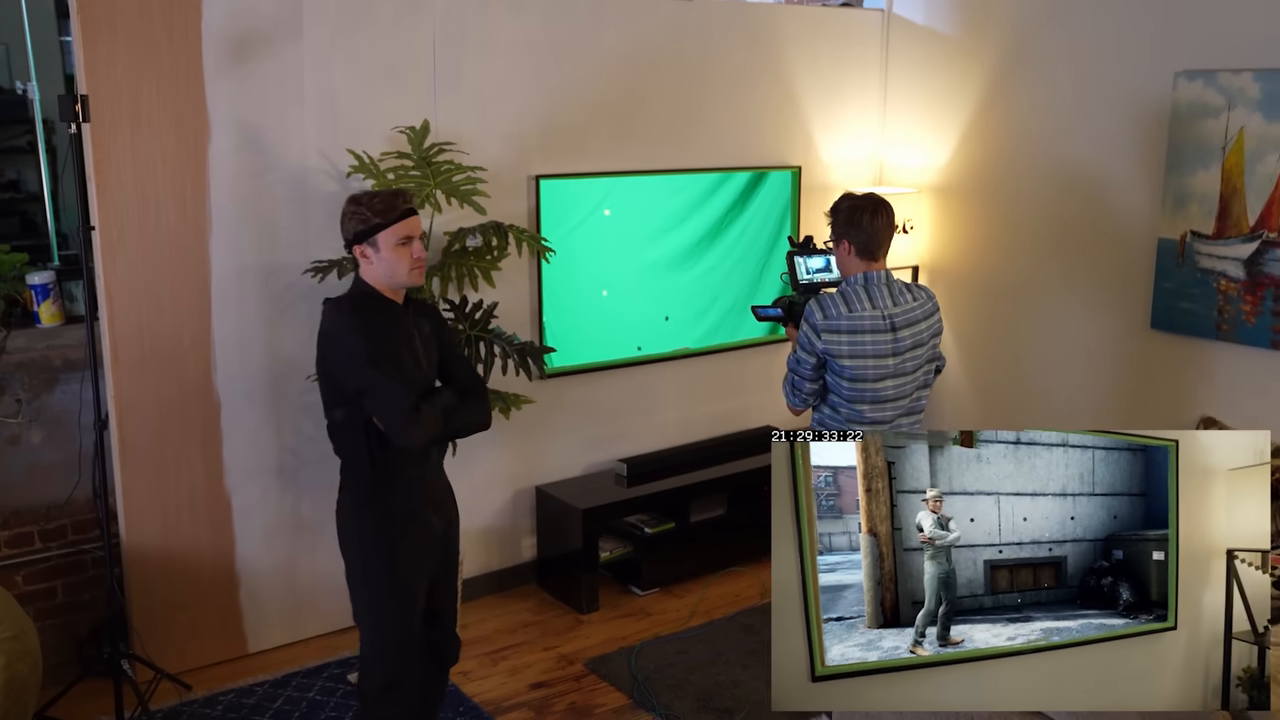 Behind-the-scenes footage showing the green screen set built to fake a man jumping into a TV screen.