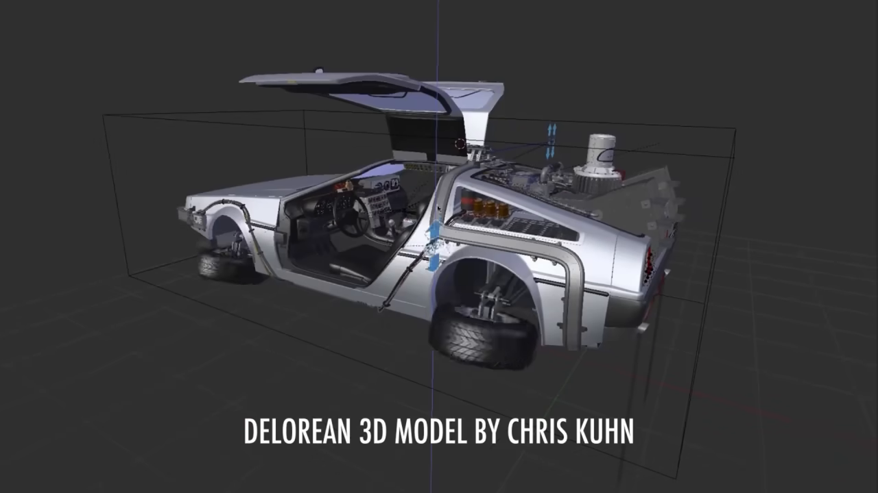A 3D wireframe model of the DeLorean being used to construct a scene in a Captain Disillusion video.