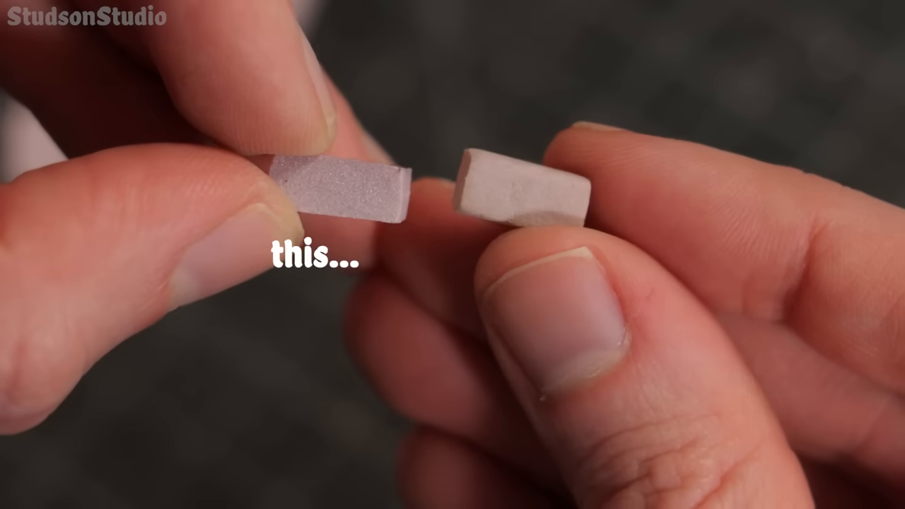 A close-up showing a freshly cut foam brick next to a foam brick that has been textured by being shaken in a can with rocks.