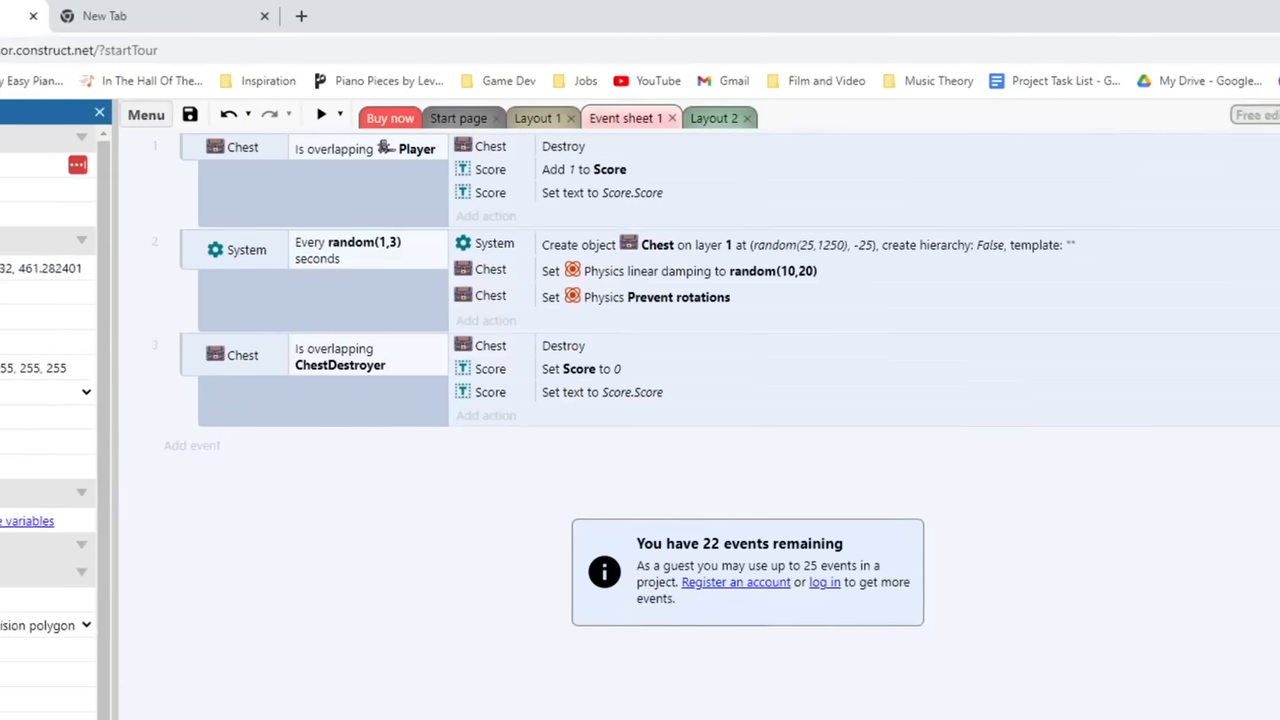 Construct 3  showing an Event Sheet used to visually program game logic without traditional code.