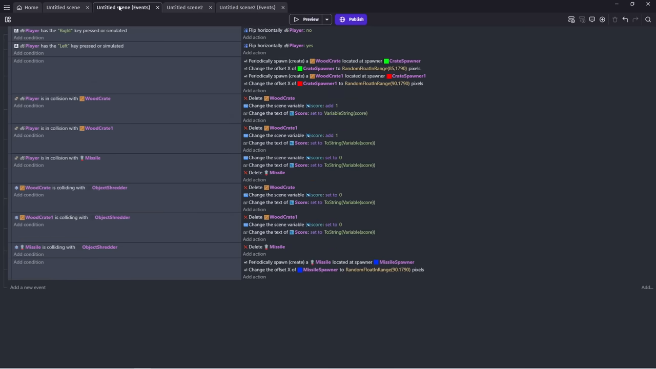 GDevelop  displaying an Event Sheet, demonstrating its no-code approach to handling game mechanics.