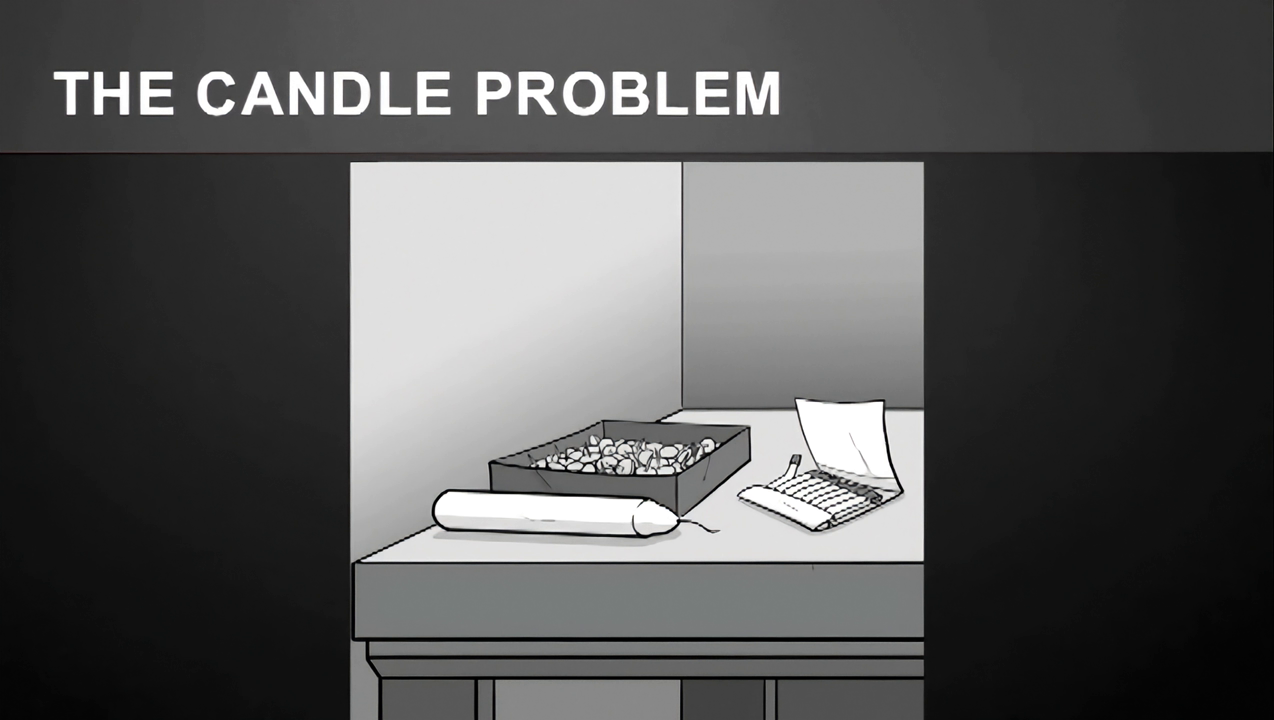 showing "THE CANDLE PROBLEM" with an illustration of a candle, a box of thumbtacks, and matches on a .