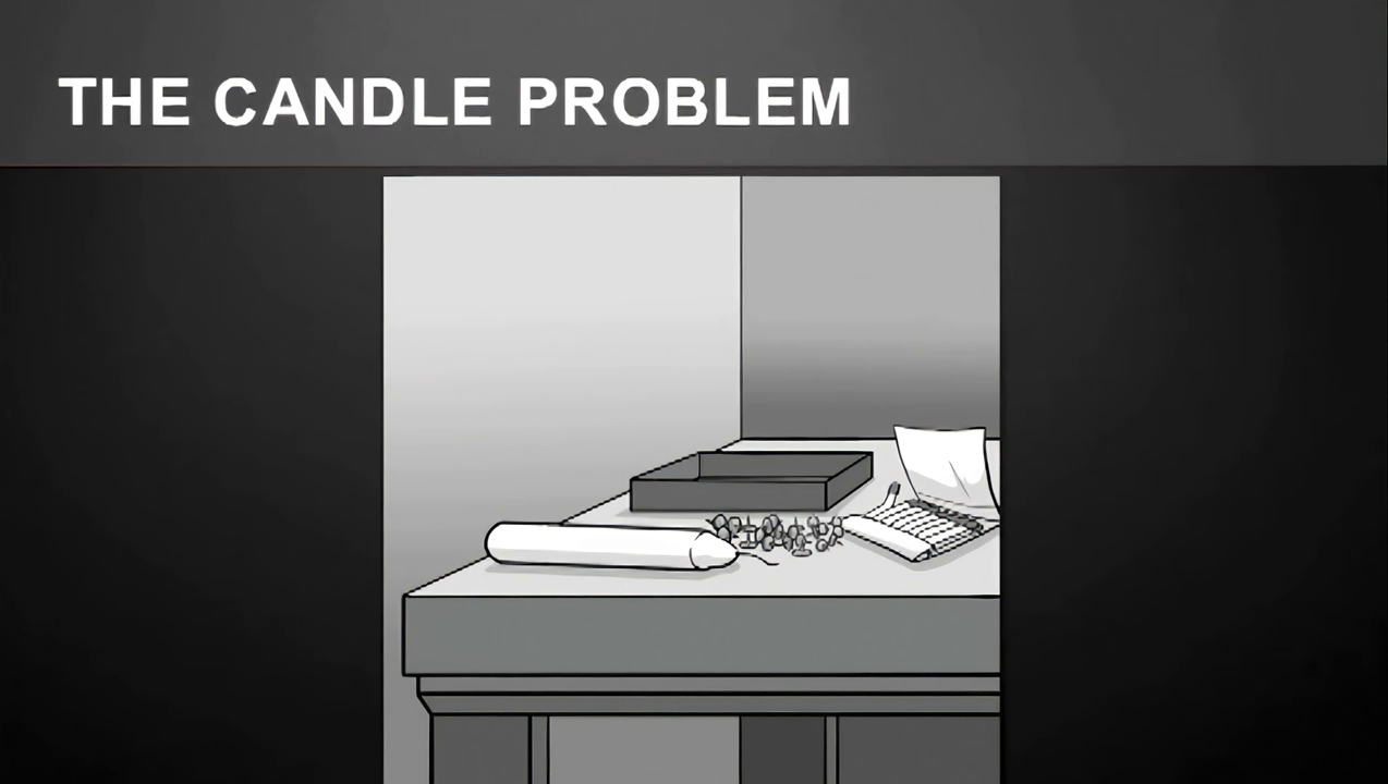 titled "THE CANDLE PROBLEM FOR DUMMIES" showing an easier version of the problem where the tacks are already out of the box.