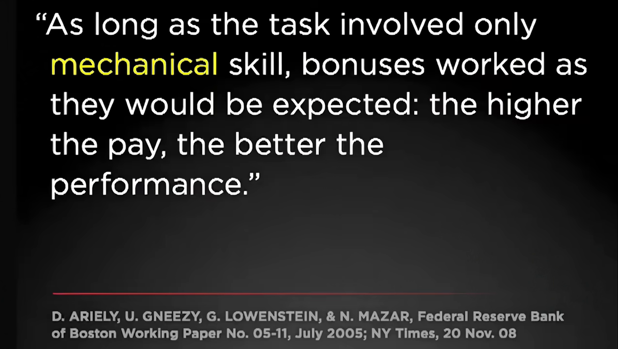showing a quote from a study by Ariely et al. stating that for tasks involving only mechanical skill, bonuses worked as expected.