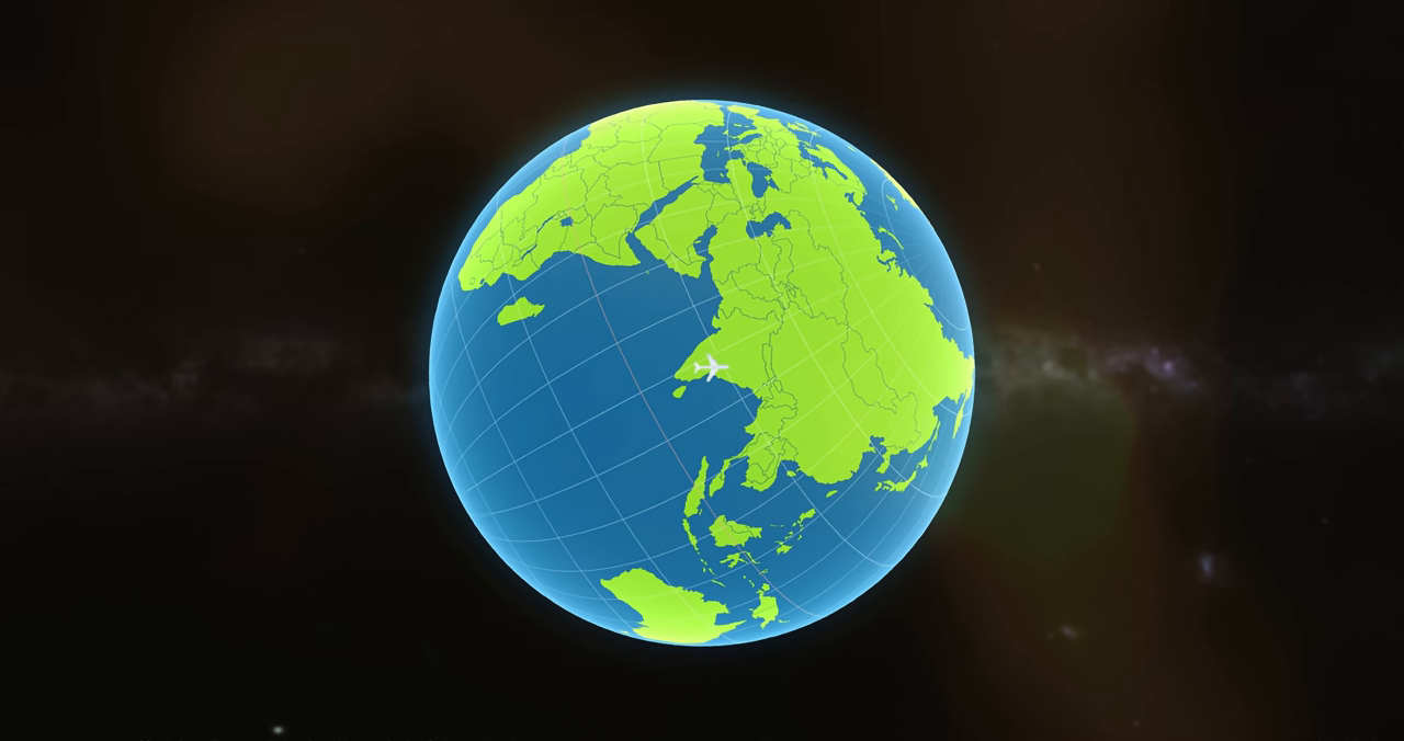 An animation showing an airplane's flight path on a flat map versus a curved globe to explain geodesics.