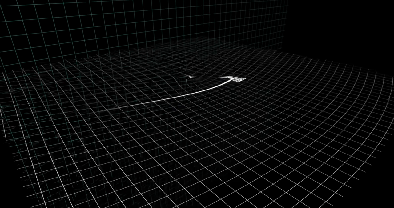 A 3D animation visualizing a satellite's orbit as a straight helical path through curved spacetime.