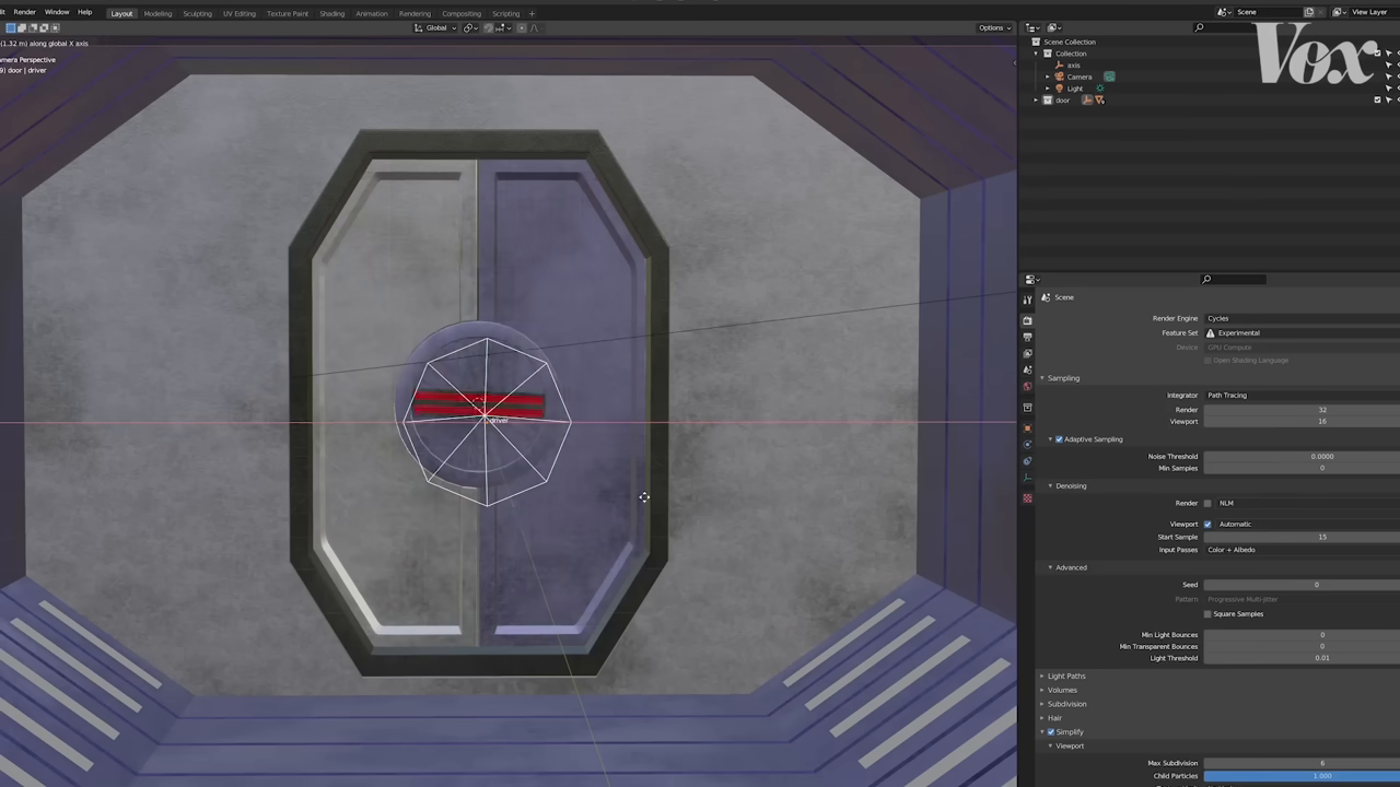 A wireframe view inside a 3D modeling program showing how a sliding sci-fi door is constructed to into the wall.
