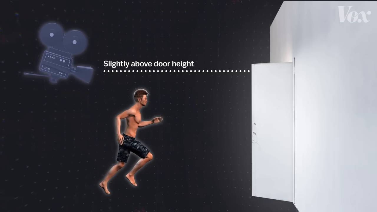 A 3D rendering of a character running through a doorway with a camera icon positioned above their head, illustrating how the camera's height must be adjusted to fit through the frame.
