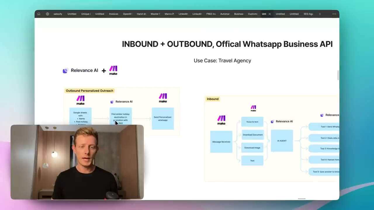 6. [22:05]  — The Relevance AI tool builder showing the configuration of a "Knowledge Search" module to perform a vector search based on user inputs.