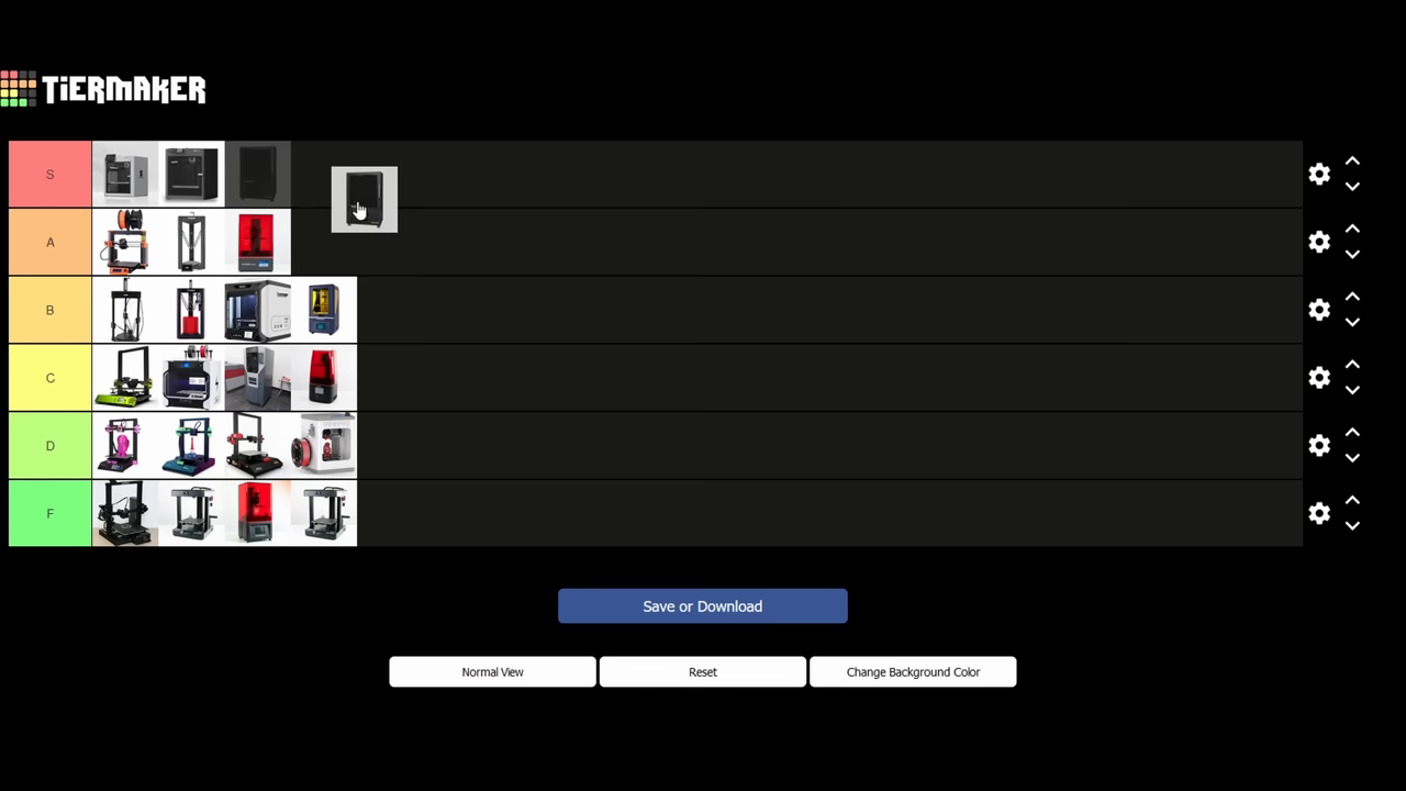 The final, completed tier list showing all discussed 3D printers categorized from S to F tier.