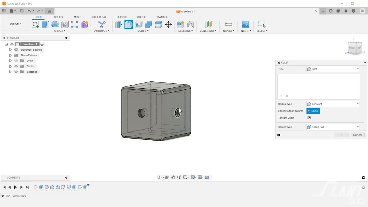 Fusion 360 interface demonstrating how to add fillets to the edges of a side hole.