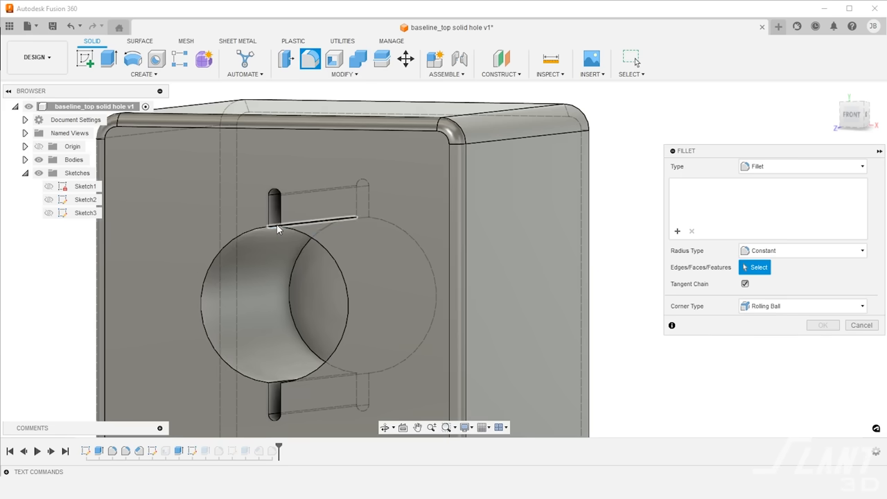 Fusion 360 interface displaying a hole design with relief slots to allow flex for a press fit.