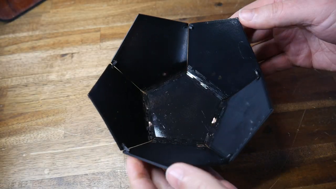 The fully assembled 3D printed pentagonal bowl, demonstrating a practical application of the bending technique.