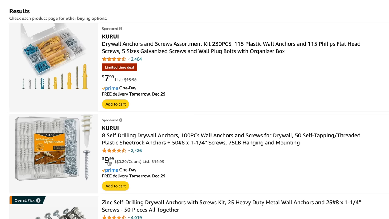 [00:11] Scrolling through Amazon search results showing prices for bulk wall anchors.