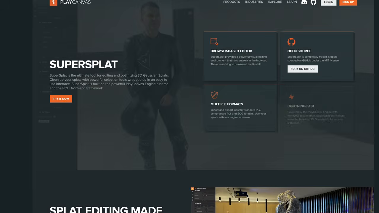 The browser interface for SuperSplat, showing a grid of user-uploaded Gaussian Splats that can be viewed in real-time.