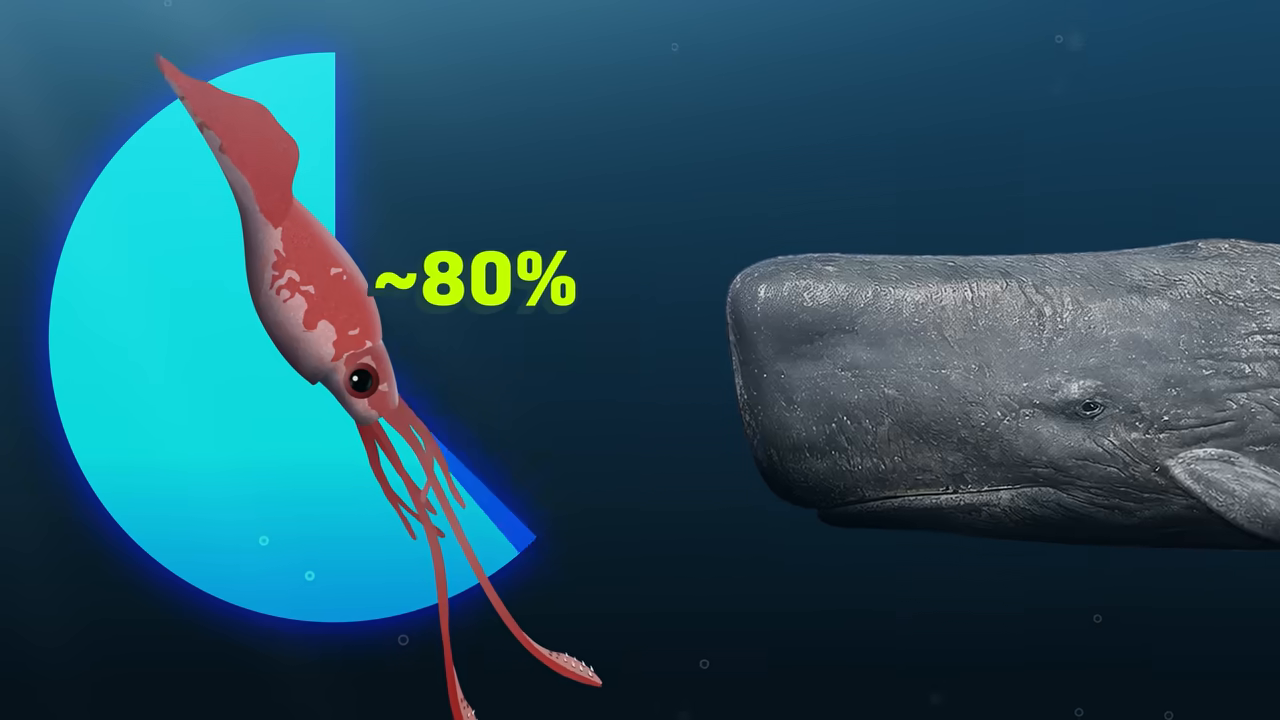 [00:11] A pie  graphic overlaid on an animation of a colossal squid and sperm whale, indicating the squid makes up ~80% of the whale's diet.