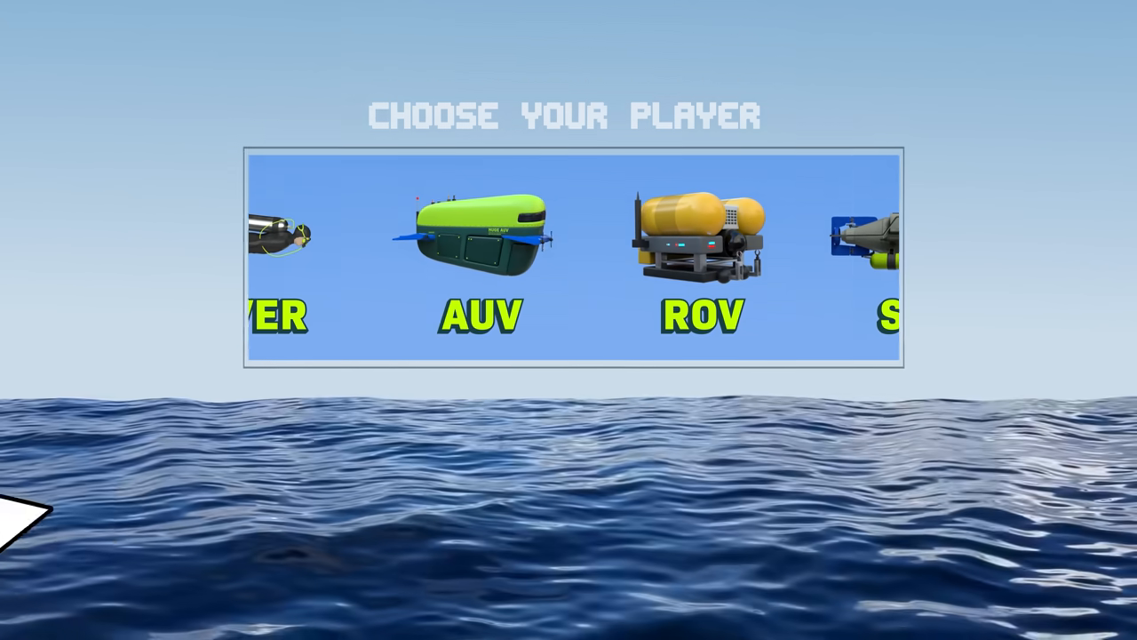 [02:01] A pixel-art style "Choose Your Player" menu showing four underwater exploration methods: Diver, AUV, ROV, and Sub.