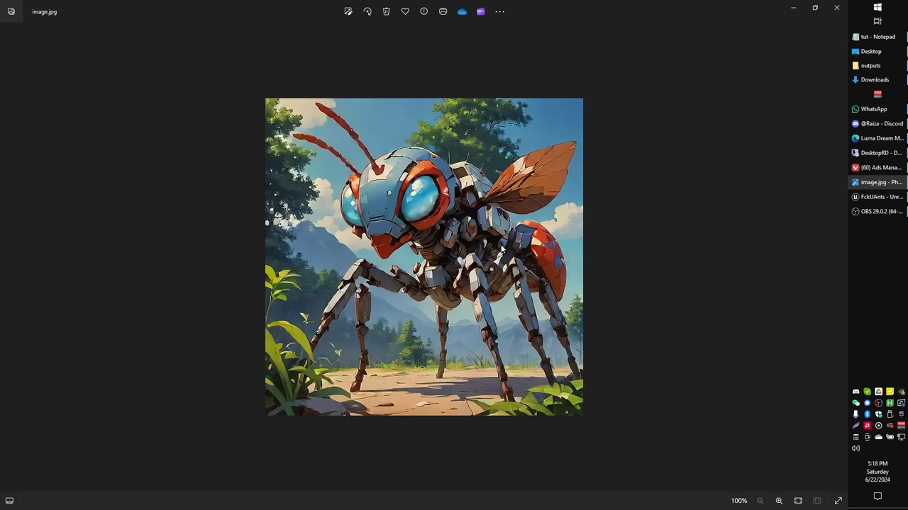 A computer screen displays a robotic ant image within a photo viewing application.