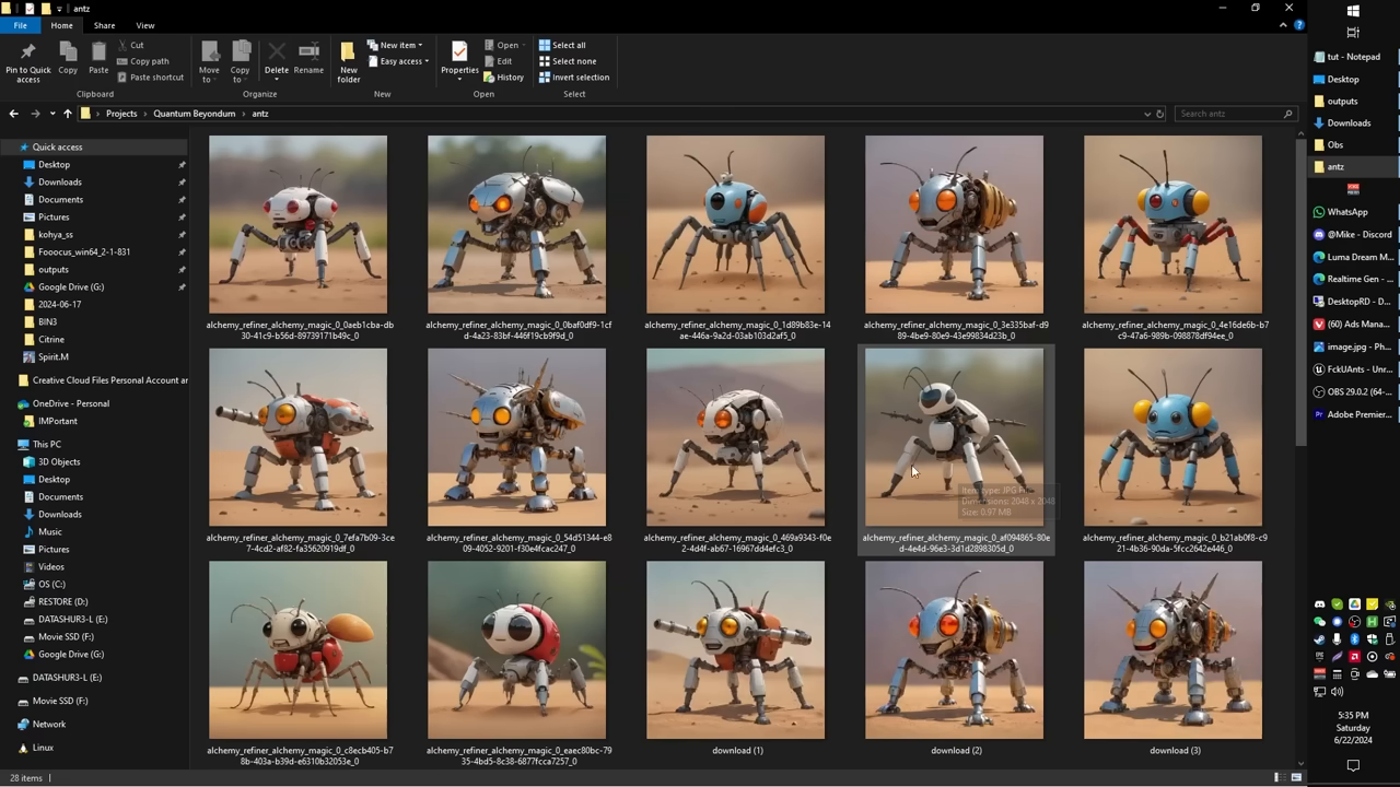 [02:20] Windows file explorer displaying a grid of various AI-generated robotic ant concept art images with consistent styling.