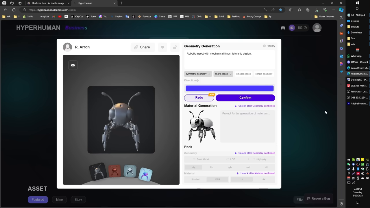 [03:45] Hyperhuman Rodin interface showing the initial, unrefined 3D geometry preview and generation settings.