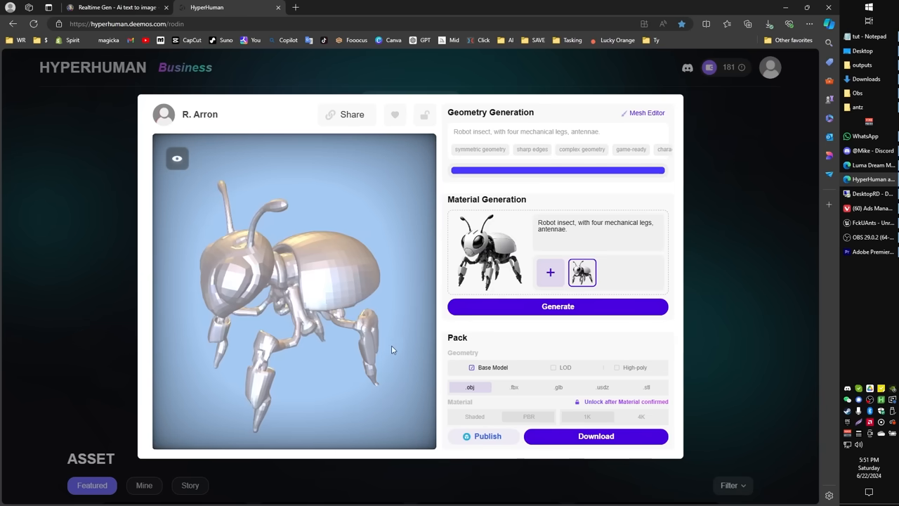 [05:43] Refined 3D mesh in Rodin's interface after the creator updated the  prompt to fix the mechanical legs.