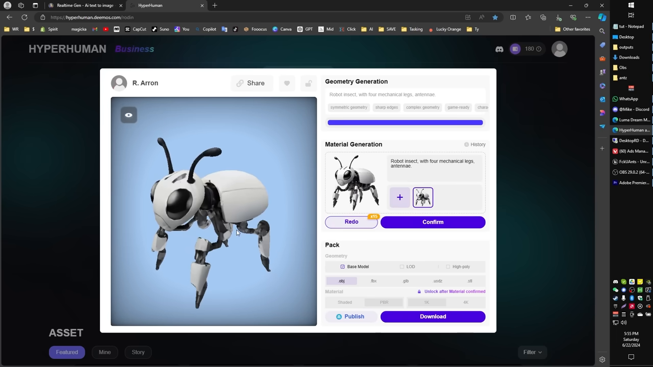 [06:54] Side-by-side  in Rodin showing the fully textured 3D model next to the original 2D reference image.