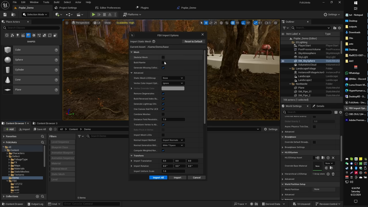 [08:42] Unreal Engine 5 FBX Import Options dialog box used for bringing the 3D model into the game engine.
