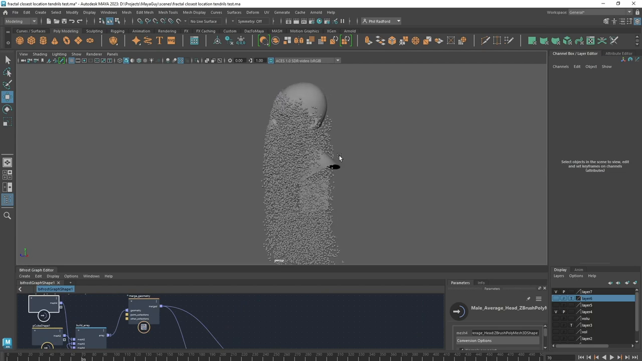 A gray 3D head model emits thousands of tiny white particles from the left side of its face, controlled by the position of the adjacent sphere.