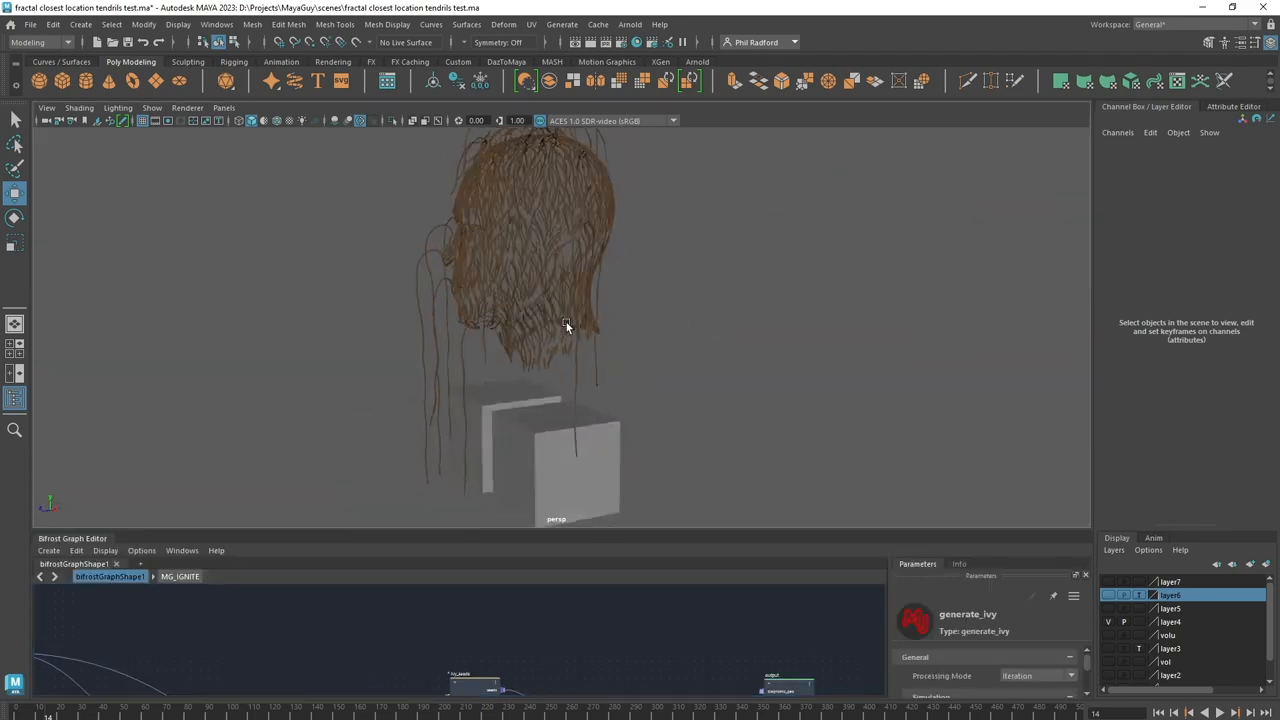 Procedural ivy vines grow downwards from the top edges of two gray cubes, seeded by the proximity of the wireframe sphere.