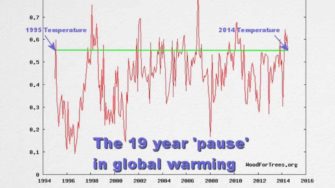 [00:48] A line graph titled "The 19 year 'pause' in global warming" showing global temperatures with a misleading, flat green trendline drawn from 1995 to 2014. []